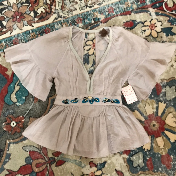 Free People Tops - Free People Embroidered Ruffle Sleeve Top
